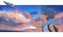 Rule 34 | 1girl, :o, backpack, bag, bare arms, bare shoulders, blue sky, cloud, cloudy sky, commentary request, from side, grey eyes, highres, hood, hood down, hoodie, original, outdoors, paper airplane, parted lips, profile, scenery, sky, sleeveless, sleeveless hoodie, solo, takaichi (tkch), upper body