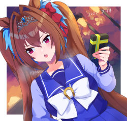Rule 34 | 1girl, aki yamane, animal ears, averting eyes, blue sailor collar, blue shirt, blue skirt, bow, box, breath, brown hair, commentary, daiwa scarlet (umamusume), dated, deredere, fang, frown, gift, gift box, giving, hair bow, hair intakes, highres, holding, holding gift, horse ears, horse girl, long hair, long sleeves, open mouth, outside border, pleated skirt, purple eyes, red bow, sailor collar, school uniform, shirt, skin fang, skirt, solo, standing, symbol-only commentary, tiara, tracen school uniform, twintails, twitter username, umamusume, valentine, very long hair, white bow