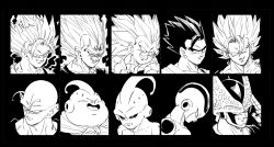Rule 34 | 6+boys, alt text, antennae, aura, black background, black border, black sclera, border, cell (dragon ball), clenched hand, close-up, closed eyes, closed mouth, colored sclera, dragon ball, dragon ball z hyper dimension, dragonball z, earrings, electricity, evil smile, facing viewer, fenyon, finger to face, fingers together, frieza, gloves, gotenks, greyscale, hand up, head down, highres, jewelry, kid buu, looking afar, looking at viewer, looking back, looking to the side, majin buu, majin vegeta, male focus, metamoran vest, monochrome, multiple boys, neckerchief, open mouth, perfect cell, piccolo, pointy ears, potara earrings, potential unleashed, profile, serious, simple background, smile, son gohan, son goku, spiked hair, super saiyan, super saiyan 2, super saiyan 3, tongue, ultimate gohan, vegeta, vegetto, veins