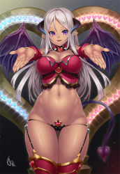 Rule 34 | 1girl, black panties, breasts, cameltoe, cleavage, covered erect nipples, cowboy shot, crop top, demon girl, demon horns, demon tail, demon wings, detached collar, detached sleeves, garter straps, gluteal fold, heart, hip focus, horns, houtengeki, large breasts, long hair, looking at viewer, lowleg, lowleg panties, midriff, navel, no pants, open mouth, original, outstretched arms, panties, pointy ears, purple eyes, red thighhighs, revealing clothes, signature, silver hair, skindentation, smile, solo, tail, thigh gap, thighhighs, thighs, underwear, very long hair, wings