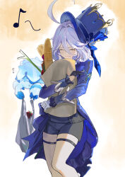 Rule 34 | 1girl, ^ ^, absurdres, ahoge, asymmetrical gloves, bag, baguette, baseatoz, black gloves, black shorts, blue headwear, blue jacket, bread, closed eyes, commentary, feet out of frame, food, furina (genshin impact), genshin impact, gloves, hair between eyes, hair intakes, hat, highres, holding, jacket, long sleeves, mismatched gloves, musical note, plastic bag, short hair, short shorts, shorts, standing, thigh strap, thighs, tomato, top hat, white gloves, white hair