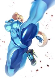Rule 34 | 1girl, ass, blonde hair, blue bodysuit, blue eyes, bodysuit, breasts, covered navel, high heels, highres, impossible bodysuit, impossible clothes, kicking, large breasts, metroid, metroid (classic), muscular, muscular female, nintendo, paralyzer, ponytail, samus aran, shiny clothes, skin tight, solo, thick thighs, thighs, volyz, zero suit