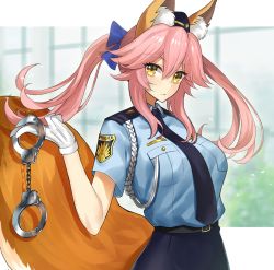 Rule 34 | 1girl, aiguillette, animal ear fluff, animal ears, belt, blue bow, blue necktie, blue shirt, blue skirt, blush, bow, breasts, closed umbrella, cuffs, ero waifu, fate/extella, fate/extella link, fate/extra, fate (series), fox ears, fox girl, fox tail, garrison cap, gloves, hair between eyes, hair bow, handcuffs, hat, large breasts, long hair, looking at viewer, necktie, official alternate costume, official style, pencil skirt, pink hair, police, police uniform, policewoman, shirt, short sleeves, sidelocks, skirt, solo, tail, tamamo (fate), tamamo no mae (fate/extra), tamamo no mae (police fox) (fate), twintails, umbrella, uniform, white gloves, yellow eyes