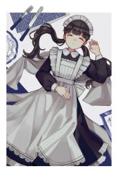 Rule 34 | 1girl, absurdres, apron, blush, border, brown hair, closed eyes, closed mouth, hat, highres, kashiwagi chisame, lace, long sleeves, lying, maid, maid headdress, on back, original, puffy sleeves, solo, twintails