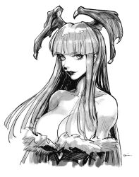 Rule 34 | 1girl, breasts, cleavage, clothing cutout, collarbone, commentary, etama quomo, fur trim, grey hair, greyscale, hair behind ear, head wings, heart cutout, large breasts, lipstick, long hair, looking at viewer, makeup, monochrome, morrigan aensland, off shoulder, portrait, signature, simple background, smile, solo, symbol-only commentary, vampire (game), very long hair, white background, wings