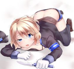 Rule 34 | 1girl, all fours, armband, ass, blonde hair, blue eyes, butt crack, commentary request, crawling, cropped jacket, downblouse, downpants, gloves, unworn headwear, helmet, unworn helmet, highres, holding, holding knife, knife, long hair, neit ni sei, open mouth, original, short hair, shorts, solo, sweatdrop, thighhighs, trembling