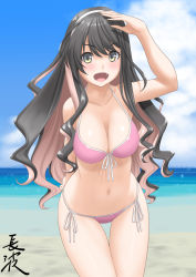 Rule 34 | 1girl, beach, bikini, black hair, blue sky, breasts, character name, cleavage, cloud, collarbone, commentary request, cowboy shot, day, fang, front-tie top, hair down, hairband, halterneck, highres, horizon, kantai collection, large breasts, long hair, looking at viewer, multicolored hair, naganami (kancolle), naganami kai ni (kancolle), ocean, open mouth, outdoors, pink bikini, pink hair, side-tie bikini bottom, sky, smile, solo, sparkle, standing, swimsuit, t2r, thigh gap, two-tone hair, wavy hair, white hairband, yellow eyes