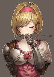 Rule 34 | 10s, 1girl, benitama, blonde hair, djeeta (granblue fantasy), fighter (granblue fantasy), gauntlets, granblue fantasy, hairband, looking at viewer, one eye closed, red eyes, simple background, smile, solo