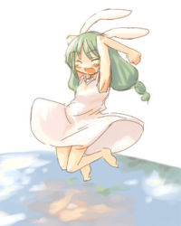 Rule 34 | 7010, animal ears, armpits, barefoot, closed eyes, dress, green hair, happy, jumping, lowres, rabbit ears, rabbit girl, rabbit pose, smile, solo