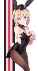 Rule 34 | 1girl, :p, animal ears, bare shoulders, black pantyhose, blonde hair, blue eyes, blush, breasts, covering privates, covering breasts, cross, detached collar, erica hartmann, fake animal ears, garrison cap, goji (five clock), hat, highres, iron cross, leotard, looking at viewer, pantyhose, playboy bunny, rabbit ears, rabbit tail, short hair, simple background, small breasts, smile, solo, strike witches, striped, striped background, tail, tongue, tongue out, world witches series, wrist cuffs, zipper