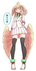 Rule 34 | 1girl, :o, ahoge, angel wings, aohada bocchi, black thighhighs, green eyes, hand on own hip, head wings, highres, jacket, lian (aohada bocchi), pointy ears, school uniform, shoes, speech bubble, thighhighs, thighs, twintails, white background, white footwear, white jacket, wings, zyugoya