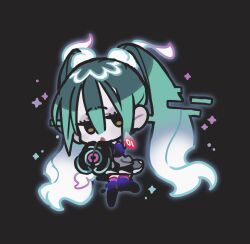 Rule 34 | 1girl, :o, black background, black sleeves, black thighhighs, blue hair, chibi, creatures (company), full body, game freak, ghost miku (project voltage), glitch, glowing, gradient hair, grey shirt, hair between eyes, hands up, hatsune miku, highres, long hair, looking at viewer, multicolored hair, nintendo, open mouth, pale skin, platinum (o0baijin0o), pokemon, print sleeves, project voltage, see-through, see-through skirt, shirt, skirt, solo, sparkle, thighhighs, twintails, very long hair, vocaloid, white hair, will-o&#039;-the-wisp (mythology), yellow eyes
