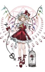 1girl absurdres ascot blonde_hair blood blood_on_clothes blood_on_face blood_on_hands collared_shirt crystal danmaku fangs fingernails flandre_day flandre_scarlet frilled_shirt_collar frilled_skirt frilled_sleeves frills full_body hanaya_(fleur) hat highres laevatein_(touhou) long_fingernails long_hair looking_at_viewer magic_circle mob_cap nail_polish one_side_up open_mouth petals petticoat pointy_ears red_eyes red_footwear red_nails red_skirt red_vest sharp_fingernails shirt shoes short_sleeves simple_background skirt slit_pupils smile solo touhou vest white_background white_hat white_shirt wings wrist_cuffs yellow_ascot