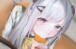Rule 34 | 1girl, admi (nikke), ahoge, bag, black skirt, bow, bowtie, collared shirt, eating, food, goddess of victory: nikke, green hair, grey sweater, hair ornament, hairclip, hash browns, highres, holding, holding food, jacket, light blush, long sleeves, medium hair, multicolored hair, open clothes, open jacket, pink eyes, pleated skirt, pocky, school uniform, shirt, skirt, sleeves past wrists, solo, streaked hair, sweater, vinsentyu, white hair, white jacket, white shirt, yellow bow, yellow bowtie