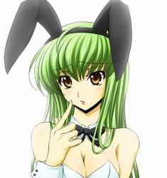 Rule 34 | 1girl, animal ears, bad id, bad pixiv id, bare shoulders, black ribbon, bow, bowtie, breasts, c.c., ccllsaikou, cleavage, code geass, fake animal ears, female focus, finger to mouth, green hair, leotard, long hair, medium breasts, playboy bunny, rabbit ears, ribbon, simple background, solo, upper body, yellow eyes
