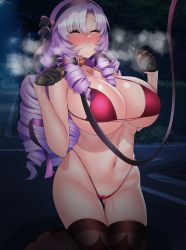 Rule 34 | 1girl, absurdres, bdsm, bikini, black thighhighs, blush, breasts, cameltoe, claw ring, cleavage, clenched hand, clenched hands, closed eyes, collar, doggystyle, drill hair, exhibitionism, fog, gloves, hairband, half gloves, highres, hyakumantenbara salome, kneeling, knees together feet apart, leash, long hair, micro bikini, navel, nijisanji, outdoors, paw pose, public indecency, purple bikini, purple hair, road, sad smile, seisui bar, sex, sex from behind, slave, solo, steam, steaming body, street, sweat, sweatdrop, swimsuit, tears, thighhighs, twintails, virtual youtuber