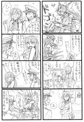 Rule 34 | 10s, 1boy, 2girls, 4koma, admiral (kancolle), armpits, bbb (friskuser), comic, elbow gloves, eyepatch, facial hair, fairy (kancolle), gloves, greyscale, hairband, hat, headgear, helmet, highres, kantai collection, monochrome, multiple girls, nagato (kancolle), peaked cap, ponytail, simple background, stubble, tearing up, translation request, turret