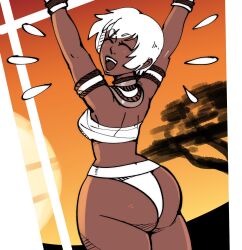 Rule 34 | 1girl, armband, arms up, ass, capcom, closed eyes, crop top, dark-skinned female, dark skin, elena (street fighter), highres, jewelry, kujikawaii, looking back, necklace, short hair, smile, street fighter, thong, white hair, wristband