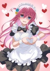 Rule 34 | 1girl, apron, black bow, black bowtie, black dress, blue eyes, bocchi the rock!, bow, bowtie, collar, cube hair ornament, detached collar, dress, frilled apron, frills, gotoh hitori, hair between eyes, hair ornament, heart, heart hands, highres, long hair, maid, maid apron, maid headdress, one side up, parted lips, pink hair, puffy short sleeves, puffy sleeves, short sleeves, solo, tears, ten-chan (eternal s), turn pale, very long hair, wavy mouth, white apron, white collar, wing collar, wrist cuffs
