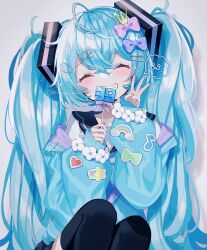 Rule 34 | 1girl, 39, aqua hair, black thighhighs, blue jacket, bow, candy, closed eyes, facing viewer, food, fuinagi (huyuu mm), hair bow, hatsune miku, highres, holding, holding candy, holding food, holding lollipop, jacket, jacket partially removed, lollipop, long sleeves, miku day, pink bow, shirt, smile, solo, teeth, thighhighs, twintails, vocaloid, white shirt