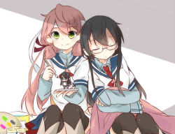 Rule 34 | 10s, 2girls, akashi (kancolle), black hair, blanket, blue eyes, figure, fud, glasses, green eyes, hair ribbon, headband, kantai collection, leaning on person, long hair, multiple girls, ooyodo (kancolle), paint can, paintbrush, painting (action), pink hair, ribbon, simple background, sitting, sleeping, sleeves past wrists, thighhighs, zzz