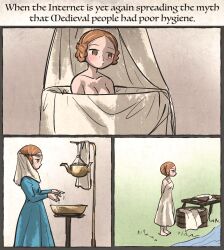 1girl basin bath blue_dress blush dress english_text highres indoors ironlily looking_afar medieval meme meme_request multiple_views orange_hair original outdoors pablo_escobar_waiting_(meme) river washtub