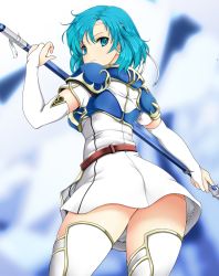 Rule 34 | 1girl, aqua eyes, aqua hair, armor, armored dress, ashita yaru, asymmetrical bangs, back, belt, blue armor, boots, breastplate, closed mouth, cowboy shot, dress, elbow gloves, expressionless, female focus, fingerless gloves, fire emblem, fire emblem: the binding blade, from behind, gloves, headband, holding, holding weapon, looking at viewer, looking back, nintendo, pegasus knight uniform (fire emblem), polearm, serious, short dress, short hair, shoulder armor, solo, spear, standing, thea (fire emblem), thigh boots, thighhighs, thighs, weapon, white dress, white footwear, white gloves, white thighhighs