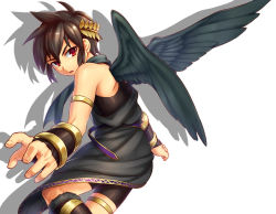 Rule 34 | 11kkr, 1boy, angel, belt, bike shorts, bird wings, brown eyes, brown hair, child, dark pit, kid icarus, kid icarus uprising, male focus, nintendo, outstretched hand, shorts, simple background, solo, toga, white background, wings, wreath
