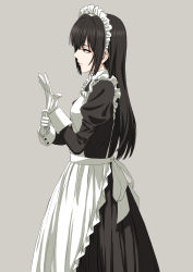 Rule 34 | 1girl, absurdres, apron, bad id, bad pixiv id, black hair, blue eyes, commentary, frilled apron, frills, gloves, highres, long hair, maid, maid apron, maid day, maid headdress, original, putting on gloves, simple background, solo, tuskryo, white gloves