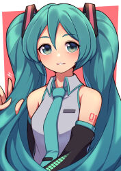 Rule 34 | 1girl, aqua hair, aqua necktie, bare shoulders, black sleeves, blush, breasts, collared shirt, dated, detached sleeves, green eyes, hair ornament, hand in own hair, hatsune miku, highres, light blush, long hair, looking at viewer, necktie, number tattoo, shirt, sleeveless, sleeveless shirt, small breasts, smile, solo, tattoo, twintails, umenodo, vocaloid