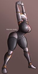 Rule 34 | 1girl, android, arms up, artist name, atomic heart, blonde hair, braid, breasts, cammy stretch (meme), curvy, faceless, faceless female, highres, large breasts, right (atomic heart), robot, simple background, solo, spartandoodles, spread legs, standing, stretching, sweat, sweatdrop, thick thighs, thighs, twitter username, wide hips