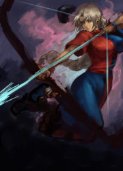 Rule 34 | 1girl, aiming, arrow (projectile), blue eyes, bow (weapon), braid, breasts, drawing bow, dress, hat, unworn hat, unworn headwear, holding, holding arrow, holding bow (weapon), holding weapon, inishie kumo, large breasts, left-handed, long hair, outstretched arm, revision, silver hair, single braid, solo, taut clothes, touhou, very long hair, weapon, yagokoro eirin