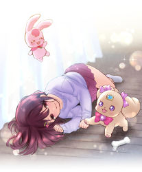 Rule 34 | 1girl, :3, artist name, bed, bed sheet, bone, chew toy, clenched hands, commentary request, flower, hair flower, hair ornament, hairpin, hanadera nodoka, healin&#039; good precure, healing animal, indoors, latte (precure), lens flare, lips, looking at another, lying, on floor, on side, pink eyes, pink hair, pink skirt, precure, purple sweater, rabirin (precure), short hair, skirt, sleeves past wrists, smile, socks, sparkle, sweater, white legwear, wooden floor, yamada ichizoku