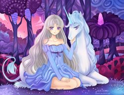 Rule 34 | 1girl, bare shoulders, dress, dual persona, fantasy, forest, horns, lady amalthea, larienne, long hair, nature, purple eyes, silver hair, solo, the last unicorn, the unicorn (the last unicorn), unicorn