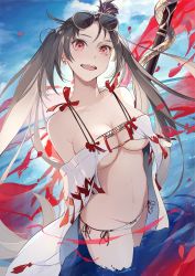 Rule 34 | 1girl, arms behind back, bare shoulders, bikini, blue sky, breasts, brown hair, cleavage, collarbone, earrings, eyewear on head, fate/grand order, fate (series), hair ornament, highres, jewelry, kodamazon, long hair, looking at viewer, medium breasts, multiple earrings, navel, ocean, off shoulder, open clothes, open mouth, polearm, red eyes, robe, sky, smile, spear, sunglasses, swimsuit, twintails, very long hair, wading, weapon, white bikini, yu mei-ren (fate), yu mei-ren (swimsuit lancer) (fate)