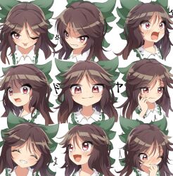 Rule 34 | +++, 1girl, :d, :p, anger vein, angry, blush, bow, brown eyes, brown hair, chitose hachi, closed mouth, collared shirt, commentary request, expressions, frilled shirt collar, frills, green bow, grin, hair bow, highres, long hair, looking at viewer, looking down, looking to the side, medium bangs, multiple views, nervous, nose blush, one eye closed, open mouth, reiuji utsuho, scared, shaded face, shirt, simple background, smile, smug, surprised, sweatdrop, tongue, tongue out, touhou, upper body, white background, white shirt