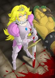 Rule 34 | 1boy, 1girl, adapted costume, after battle, armor, blonde hair, blood, blood splatter, blood on clothes, blue eyes, blunt-katana, bowser, breastplate, claws, death, from above, gauntlets, glowing, glowing eyes, greaves, highres, long hair, long sleeves, looking up, mario (series), medieval, nintendo, out of frame, plate armor, princess peach, puffy long sleeves, puffy sleeves, smile, solo focus, standing, sword, tiara, weapon