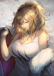 Rule 34 | 1girl, animal ears, arknights, bare shoulders, black choker, breasts, brown eyes, brown hair, candy, choker, cleavage, commentary, food, food in mouth, fur trim, grey background, hand up, highres, large breasts, lion ears, lollipop, long hair, looking at viewer, mouth hold, off shoulder, ohako (ohako1818), resolution mismatch, revision, siege (arknights), solo, source larger, tank top, upper body, white tank top