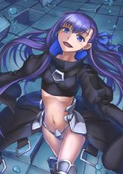 Rule 34 | 1girl, :d, armor, blue eyes, blue ribbon, breasts, crop top, crotch plate, fate/extra, fate/extra ccc, fate (series), faulds, floating hair, hair between eyes, hair ribbon, long hair, meltryllis (fate), midriff, navel, open mouth, purple hair, purutoppu (toranohige), ribbon, small breasts, smile, solo, standing, stomach, very long hair, waist cape