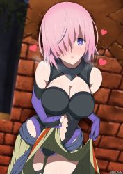 Rule 34 | 1girl, bare shoulders, black leotard, blush, breasts, brick wall, cleavage, cleavage cutout, clothes lift, clothing cutout, elbow gloves, fate/grand order, fate (series), gloves, hair over one eye, heart, highleg, highleg leotard, large breasts, leotard, lifted by self, light purple hair, looking at viewer, mash kyrielight, navel cutout, open mouth, purple eyes, purple gloves, short hair, skirt, skirt lift, solo, thigh strap, thighhighs, thighs, unadon