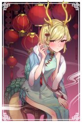Rule 34 | 1girl, adapted costume, blonde hair, blue dress, blush, chair, china dress, chinese clothes, closed mouth, dragon horns, dragon tail, dress, feet out of frame, highres, horns, kicchou yachie, looking at viewer, red eyes, short hair, sitting, solo, tail, touhou, turtle shell, wankosoba (wanwan soba), yellow horns