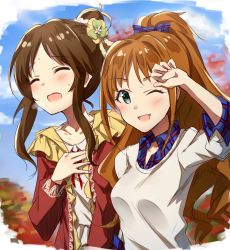 Rule 34 | 2girls, autumn, blue bow, blue shirt, blue sky, blush, bow, brown hair, closed eyes, collarbone, commentary request, day, flower, frills, green eyes, hair bow, hair bun, hair flower, hair ornament, hand on own chest, hand to forehead, hand up, high ponytail, highres, hino akane (idolmaster), idolmaster, idolmaster cinderella girls, multiple girls, one eye closed, open mouth, orange hair, outdoors, parted bangs, plaid, plaid bow, plaid shirt, ponytail, red sweater, scrunchie, shirt, sidelocks, single hair bun, sky, smile, sweat, sweater, takamori aiko, takeashiro, wavy hair, white shirt, white sweater