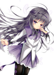 Rule 34 | 1girl, absurdres, akemi homura, bad id, bad pixiv id, black hair, black pantyhose, blush, closed mouth, commentary request, dutch angle, feathers, fingernails, frilled skirt, frills, funakoshi, hairband, hand to own mouth, highres, long hair, long sleeves, looking at viewer, magical girl, mahou shoujo madoka magica, mahou shoujo madoka magica (anime), outstretched arm, pantyhose, pleated skirt, purple eyes, purple hairband, purple skirt, shirt, skirt, solo, very long hair, white feathers, white shirt