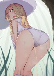 Rule 34 | 1girl, ass, bare shoulders, blonde hair, blush, braid, clothes lift, creatures (company), dress, dress lift, embarrassed, female focus, from behind, from below, game freak, grass, green eyes, hand up, hat, highres, kneehighs, kneepits, lifted by self, lillie (pokemon), long hair, looking at viewer, looking back, looking down, metaring, nintendo, open mouth, outdoors, panties, peeing, peeing self, pokemon, pokemon sm, sleeveless, sleeveless dress, socks, solo, standing, sun hat, sweat, tears, tree, twin braids, underwear, wet, wet clothes, wet panties, white dress, white hat, white panties, white socks