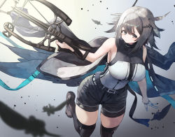 Rule 34 | 1girl, arknights, armpit peek, belt, black belt, black footwear, black jacket, black shirt, black shorts, black thighhighs, blurry, blush, bow (weapon), breasts, closed mouth, commentary, cowboy shot, crossbow, depth of field, earpiece, feather hair, feather hair ornament, feathers, gloves, gradient background, grey background, grey eyes, greythroat (arknights), hair between eyes, hair ornament, hairclip, holding, holding bow (weapon), holding crossbow, holding weapon, infection monitor (arknights), jacket, jacket on shoulders, large breasts, light, looking at viewer, mannouyakunta, open clothes, open jacket, shirt, shoes, short hair, short shorts, shorts, silver hair, simple background, single glove, sleeveless, sleeveless shirt, solo, standing, standing on one leg, taut clothes, thighhighs, thighs, two-tone shirt, weapon, white gloves, white shirt