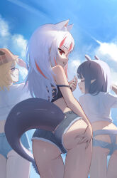 Rule 34 | 3girls, :q, absurdres, animal ears, ass, ass grab, blonde hair, blue eyes, blue shorts, blue sky, cat ears, closed eyes, closed mouth, cloud, cloudy sky, commentary, crop top, day, deerstalker, extra ears, fins, fish tail, from behind, gawr gura, grabbing own ass, hand on own ass, hat, highres, hirotaka0125, hololive, hololive english, long hair, looking at viewer, looking back, multicolored hair, multiple girls, ninomae ina&#039;nis, open mouth, outdoors, pointy ears, purple hair, red eyes, red hair, reflect (gawr gura), shading eyes, shark girl, shark tail, shirt, short hair, short shorts, shorts, sidelocks, sky, solo focus, strap slip, streaked hair, tail, thigh gap, tongue, tongue out, virtual youtuber, watson amelia, white hair, white shirt