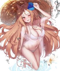 Rule 34 | 1girl, ;d, absurdres, alcohol, alternate costume, archetto (arknights), arknights, beer, beer mug, bikini, blue flower, breasts, brown hair, brown hat, cleavage, cup, flower, hair flower, hair ornament, halterneck, hat, highres, large breasts, lilac (k32420276), long hair, looking at viewer, md5 mismatch, mug, one eye closed, open mouth, red eyes, revision, see-through, see-through shirt, shirt, side-tie bikini bottom, smile, solo, string bikini, swimsuit, teeth, upper teeth only, very long hair, water drop, white background, white bikini, white shirt