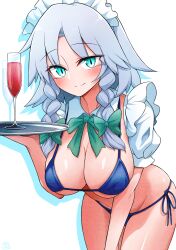 Rule 34 | 1girl, alcohol, aqua eyes, bikini, blue bikini, blush, bow, bowtie, braid, breasts, cleavage, collar, cowboy shot, cup, detached collar, detached sleeves, drinking glass, frilled sleeves, frills, green bow, green bowtie, grey hair, groin, hair bow, highres, holding, holding tray, izayoi sakuya, large breasts, looking at viewer, maid headdress, medium hair, micro bikini, puffy short sleeves, puffy sleeves, scavia10, short sleeves, side-tie bikini bottom, simple background, smile, solo, swimsuit, thighs, touhou, tray, twin braids, white background, white headdress, wine, wine glass