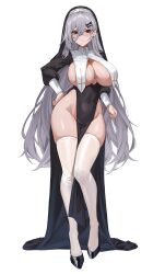 Rule 34 | 1girl, absurdres, bannou ippoutsukou, black dress, black veil, blush, breast curtains, breastless clothes, breasts, contrapposto, covered navel, curvy, double-parted bangs, dress, earclip, earrings, embarrassed, framed breasts, full body, grey hair, groin, hair between eyes, hair ornament, hairclip, hand on own hip, high collar, highleg, highleg dress, highres, jewelry, large breasts, long hair, long hair between eyes, long sleeves, looking at viewer, mole, mole under eye, narrow waist, no panties, nun, original, pelvic curtain, red eyes, side slit, simple background, skindentation, solo, stud earrings, sweat, thighhighs, veil, very long hair, white background, white thighhighs, wide hips