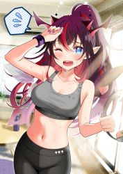 Rule 34 | 1girl, alternate hairstyle, armpit crease, armpits, blue eyes, breasts, collarbone, highres, hololive, hololive english, horns, irys (hololive), midriff, nail polish, navel, one eye closed, open mouth, pants, piyopoyo, pointy ears, ponytail, purple nails, red hair, ring-con, ring fit adventure, solo, spoken sweatdrop, sports bra, sweat, sweatdrop, virtual youtuber, wings, yoga pants